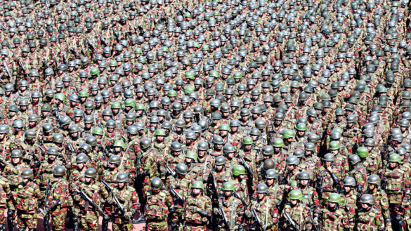Thousands of army troops stand in formation during a briefing at the National Stadium in Dhaka yesterday. They are among more than one lakh soldiers set to be deployed for the 13th national polls on February 12. Photo: Star